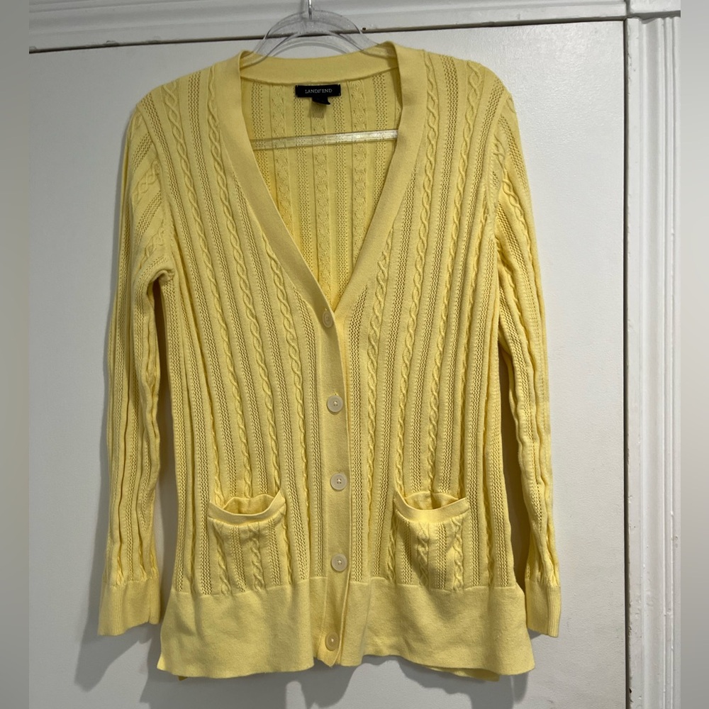 LL Bean Yellow‎ Cotton Cable Knit Cardigan Sweater Sz. L - Picture 2 of 8